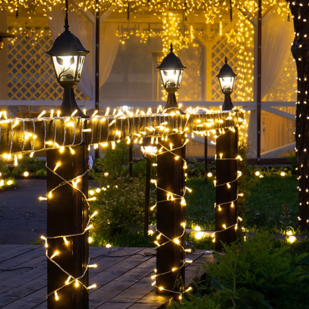 Гирлянда светодиодная Нить 10м 200 LED ТЕПЛЫЙ БЕЛЫЙ прозрачный ПВХ IP65 эффект мерцания 230В соединяется нужен блок 303-500-1 NEON-NIGHT