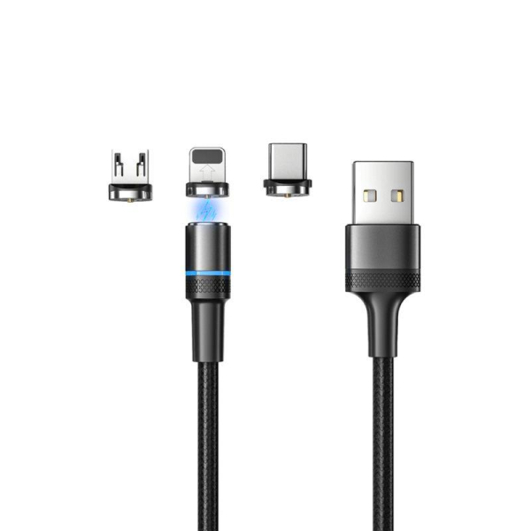 Кабель USB 3в1 со съемными магнитными портами, Type-С (2A), Lightning (2,4A), Micro USB (2A), 1,2м, в черной оплетке, с LED подсветкой REXANT