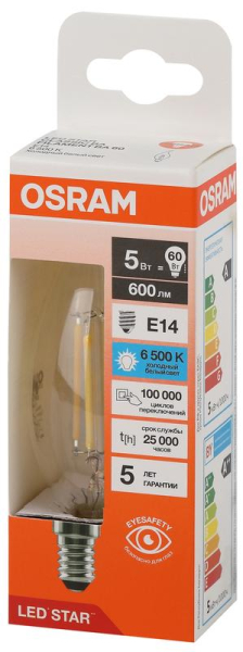 Лампа светодиодная филаментная LSCLBA60 5W/865 230VFILCL 5Вт 6500К холод. бел. E14 600лм BA угол пучка 300град. 220-240В (замена 60Вт) прозр. стекло OSRAM 4058075688131