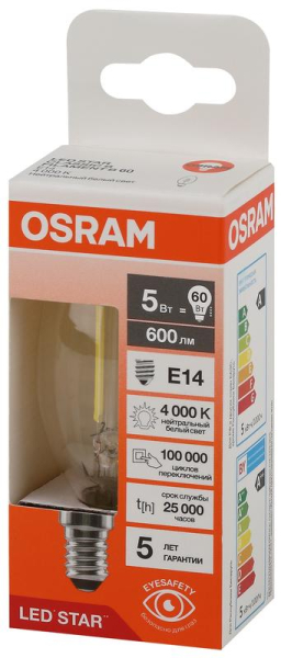 Лампа светодиодная филаментная LSCLB60 5W/840 230VFILCL 5Вт 4000К нейтр. бел. E14 600лм B угол пучка 300град. 220-240В (замена 60Вт) прозр. стекло OSRAM 4058075684782