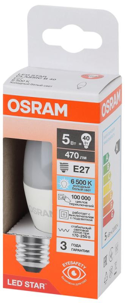 Лампа светодиодная LED Star 5Вт 6500К холод. бел. E27 470лм B угол пучка 200град. 170-250В (замена 40Вт) матов. пластик OSRAM 4058075696921