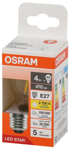Лампа светодиодная филаментная LS CLP40 4W/827 230VFILCL RU 4Вт 2700К тепл. бел. E27 470лм P угол пучка 300град. 220-240В (замена 40Вт) прозр. стекло OSRAM 4058075684607