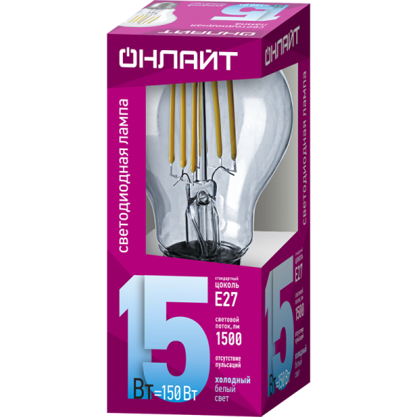 Лампа светодиодная филаментная 80 879 OLL-F-A60-15-230-4K-E27 15Вт грушевидная прозрачная 4000К нейтр. бел. E27 1500лм 220-240В ОНЛАЙТ 80879