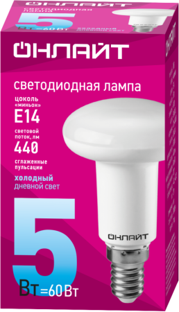Лампа светодиодная 61 142 OLL-R50-5-230-6.5K-E14 5Вт 6500К холод. бел. E14 500лм 176-264В ОНЛАЙТ 61142