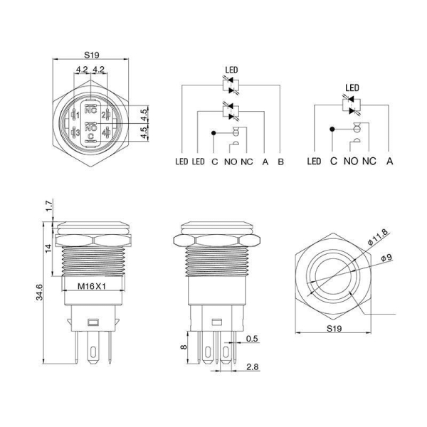 Кнопка антивандальная d16 12В Б/Фикс (5с) (ON)-OFF/(OFF)-ON красн. (A-16-C4) Rexant 36-3253