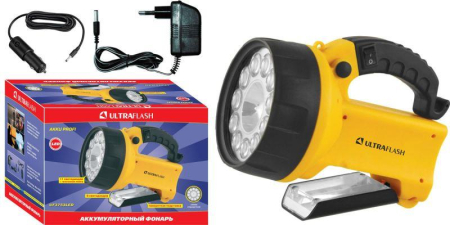 Фонарь аккумуляторный UF3753LED 11LED + галоген. аккум. 4В 2А.ч 220В/12В пластик. желт. (кор.) Ultraflash 8311