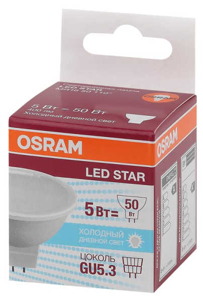 Лампа светодиодная LED Star MR16 50110 5W/865 230V GU5.3 5Вт матовая 6500К холод. бел. GU5.3 MR16 400лм 220-240В пластик. (замена 50Вт) OSRAM 4058075480520
