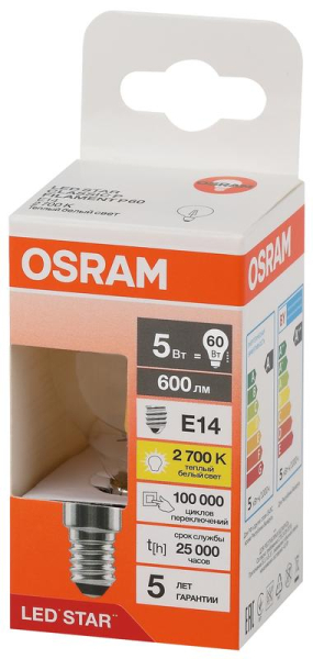 Лампа светодиодная филаментная LSCLP60 5W/827 230VFILCL 5Вт 2700К тепл. бел. E14 600лм P угол пучка 300град. 220-240В (замена 60Вт) прозр. стекло OSRAM 4058075684393