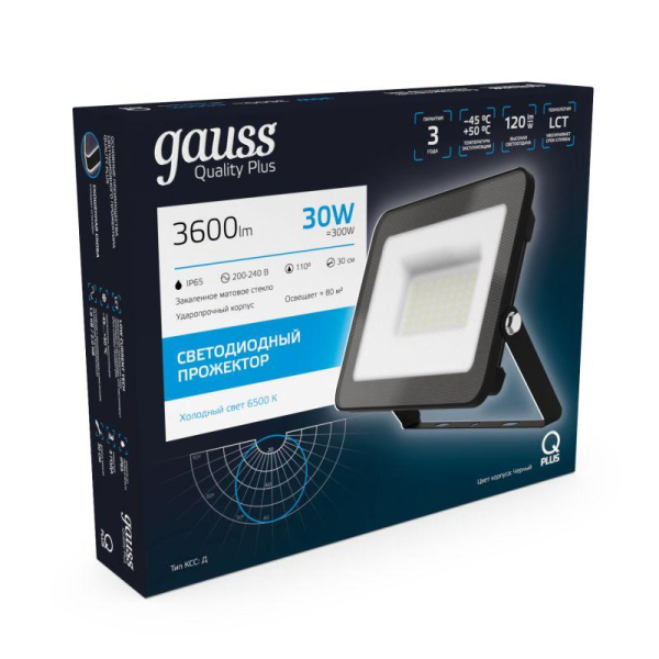 Прожектор светодиодный Qplus 30Вт 6500К IP65 3600лм 175-265В ДО черн. GAUSS 613511330