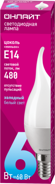 Лампа светодиодная 61 131 OLL-FC37-6-230-6.5K-E14-FR 6Вт свеча на ветру 6500К холод. бел. E14 600лм 176-264В ОНЛАЙТ 61131