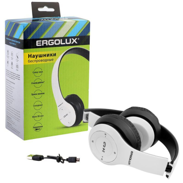 Наушники накладные с микрофоном беспроводные ELX-BTHP01-C01 FM MP3 коробка бел. ERGOLUX 15356