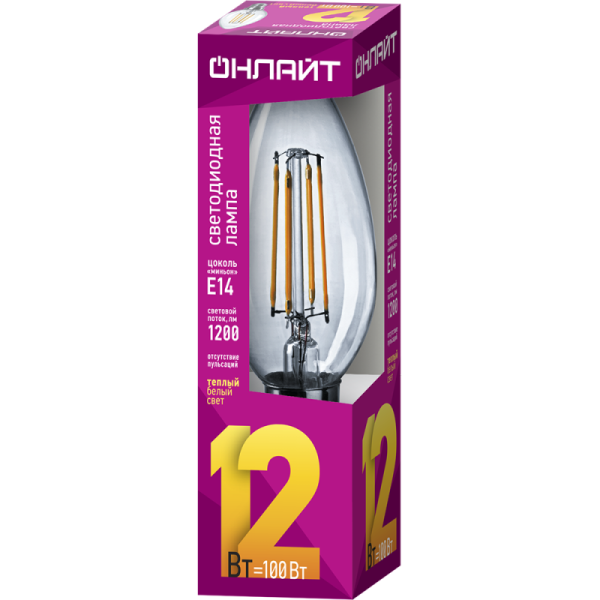 Лампа светодиодная филаментная 80 896 OLL-F-C35-12-230-2.7K-E14 12Вт свеча прозрачная 2700К тепл. бел. E14 1200лм 220-240В ОНЛАЙТ 80896