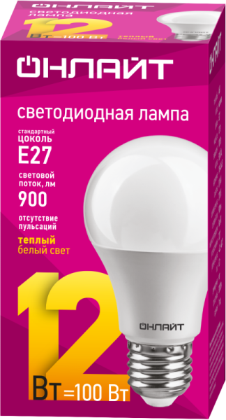Лампа светодиодная 71 682 OLL-A65/А60-12-230-2.7K-E27 12Вт грушевидная 2700К тепл. бел. E27 1000лм 176-264В ОНЛАЙТ 71682