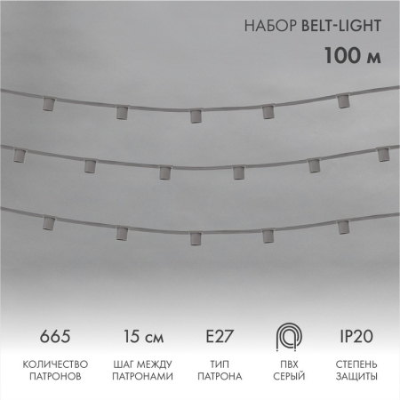 Гирлянда Belt-Light 5 жил, 100м, шаг 15см, 665 патронов E27, IP20, серый провод NEON-NIGHT