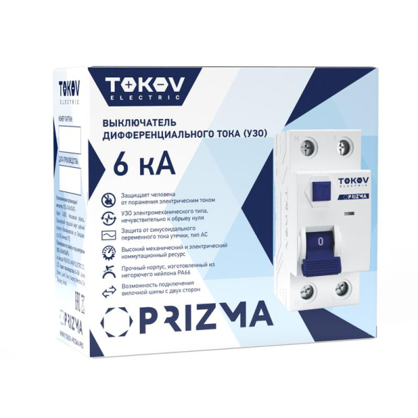 Выключатель дифференциального тока (УЗО) 2П (1P+N) 16А 10мА тип AC 6кА TOKOV Electric TKE-PZ60-RCDM-2-16-10-AC