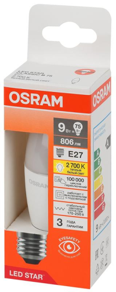 Лампа светодиодная LED Star 9Вт 2700К тепл. бел. E27 806лм B угол пучка 200град. 170-250В (замена 75Вт) матов. пластик OSRAM 4058075697041
