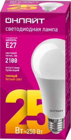 Лампа светодиодная 61 953 OLL-A60-25-230-2.7K-E27 25Вт грушевидная 2700К тепл. бел. E27 2500лм 176-264В ОНЛАЙТ 61953