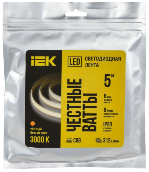 Лента светодиодная COB-312LED 8Вт/м IP20 8мм 24В 3000К (уп.5м) IEK LSR11-1-312-20-1-1-05