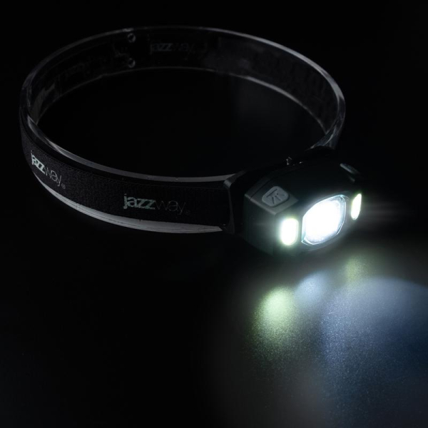 Фонарь аккумуляторный налобный AccuH3-L5W-bk LED 5Вт + 2хRED SMD IP54 5 режимов: 100проц. 180лм 3.5ч/50проц. 110лм 5.5ч/30проц. 65лм 15ч/красн. 28ч/мигающ. красн. 12ч аккум. управл. жестами черн. JazzWay 5036703
