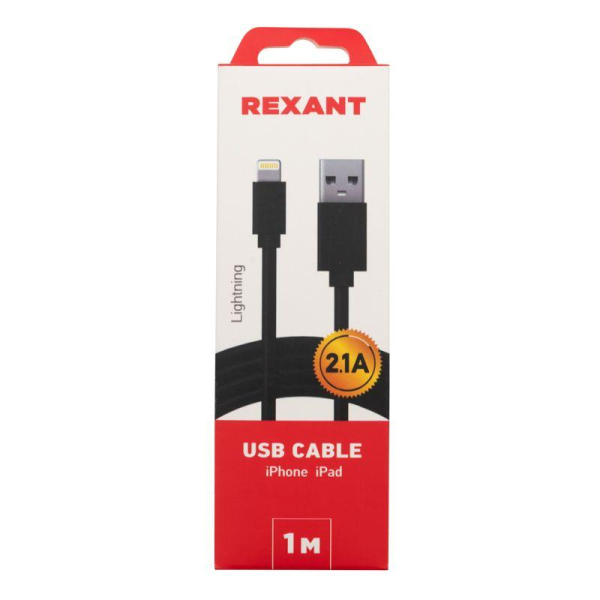 Кабель USB-A – Lightning для Apple, 2,1А, 1м, ПВХ, черный REXANT