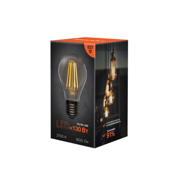 Лампа филаментная Груша A60 13,5Вт 1600Лм 2700K E27 прозрачная колба REXANT