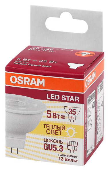 Лампа светодиодная LED STAR MR16 3536 5W/830 12V GU5.3 350лм 5Вт (замена 35Вт) 3000К тепл. бел. GU5.3 MR16 12В прозр. пласт. OSRAM 4058075481282
