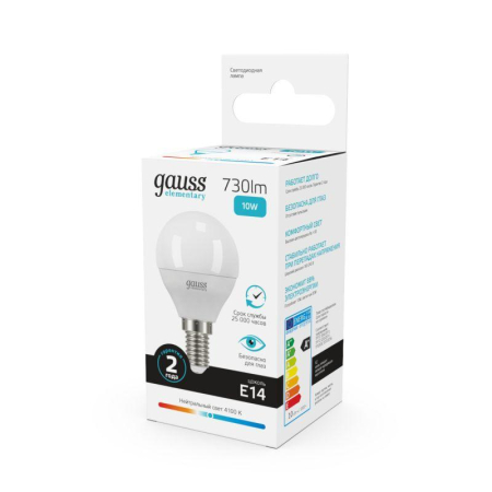 Лампа светодиодная Elementary 10Вт P45 шар 4100К нейтр. бел. E14 730лм GAUSS 53120
