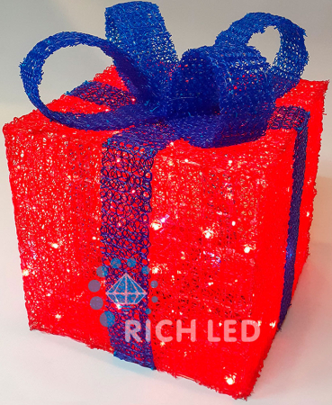 Светодиодный подарок 30 см, красный, синий бант, красный, без мерцания