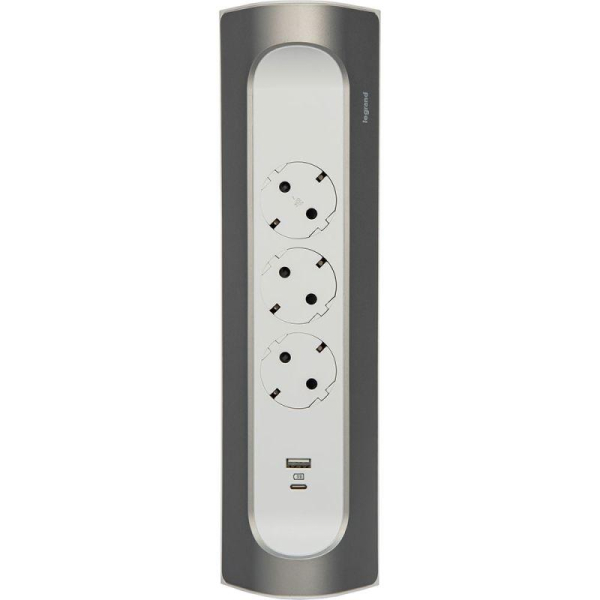 Удлинитель 3-м 16А IP20 Комфорт 3х2P+E 2хUSB A+C 3А угловой без кабеля бел./алюм. Leg 694504