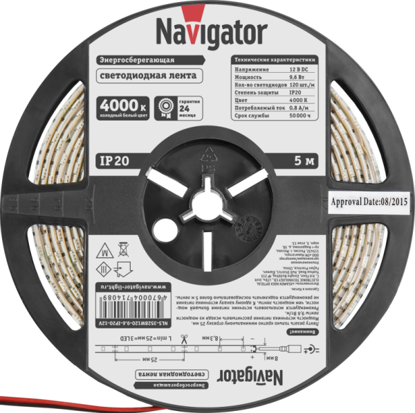 Лента светодиодная 71 408 NLS-3528W120-9.6 IP20 12B R5 9.6Вт/м (уп.5м) Navigator 71408