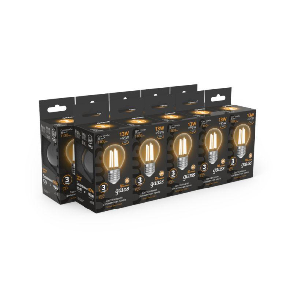 Лампа светодиодная филаментная Black Filament 13Вт P45 шар 2700К тепл. бел. E27 1100лм GAUSS 105802113