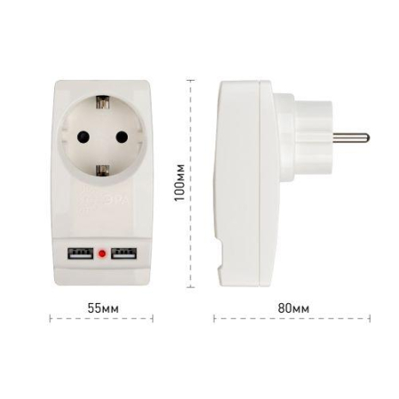 Адаптер 1-м с заземл. Polynom SP-1e-USB-W 220В 2хUSB 2100мА бел. Эра Б0026332