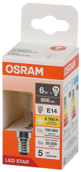 Лампа светодиодная филаментная LSCLP75 6W/827 230VFILCL 6Вт 2700К тепл. бел. E14 806лм P угол пучка 300град. 220-240В (замена 75Вт) прозр. стекло OSRAM 4058075684515