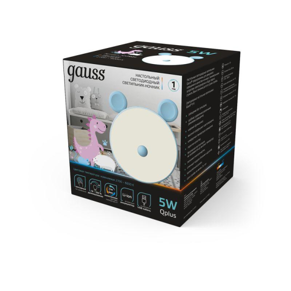 Светильник настольный Qplus 5Вт 2700-6000К 200лм 5В аккум. Li-ion 1200мА.ч диммир. ночник голуб. GAUSS NN7026