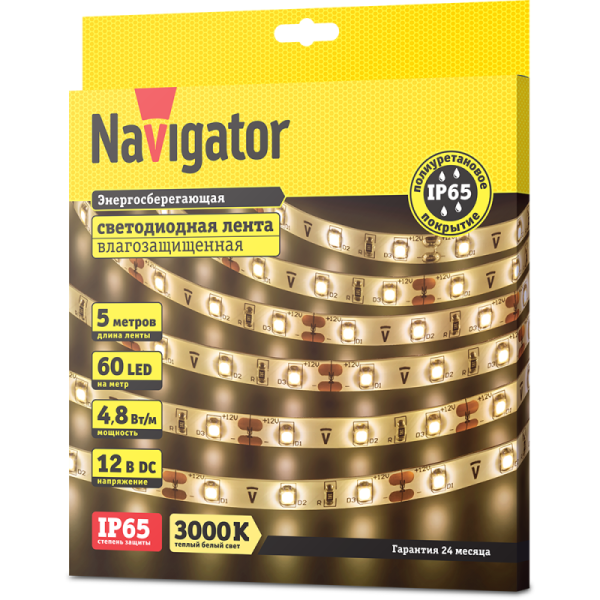 Лента светодиодная 71 403 NLS-3528WW60-4.8 IP65 12B R5 4.8Вт/м (уп.5м) Navigator 71403