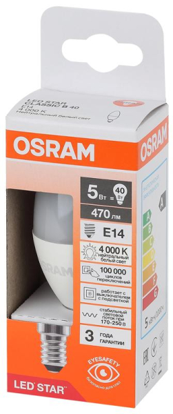 Лампа светодиодная LED Star 5Вт свеча 4000К E14 470лм (замена 40Вт) OSRAM 4058075696082
