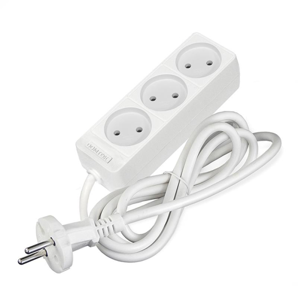 Удлинитель 3х1.5м без заземл. 10А IP20 2.2кВт ПВС 2х1 бел. DOMTOK 2349