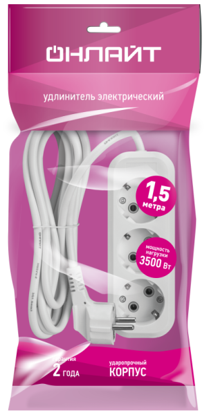 Удлинитель 3х1.5м с заземл. 16А IP20 90515 OPE-S-03-150-Е-3х1 ОНЛАЙТ 90515