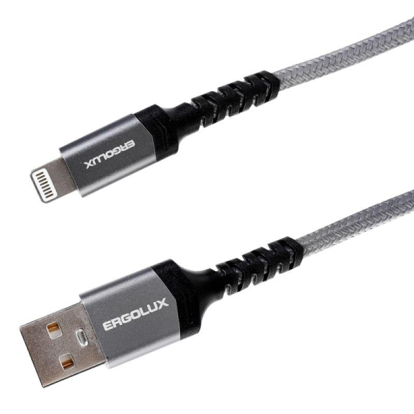 Кабель USB-Lightning ELX-CDC10-C09 3А 1.2м сер. нейлон зарядка+ПД коробка Ergolux 15311