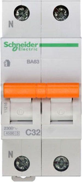 Выключатель автоматический модульный 2п (1P+N) C 32А 4.5кА BA63 Домовой SchE 11216