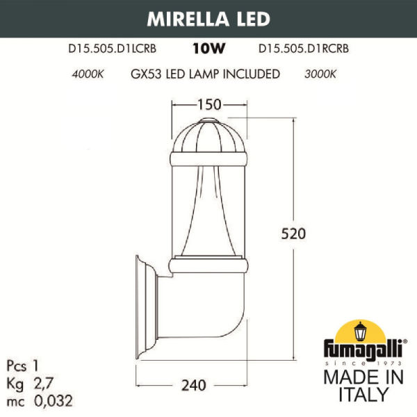 Светильник настенный Fumagalli D15.505.000.AXD1L.CRB