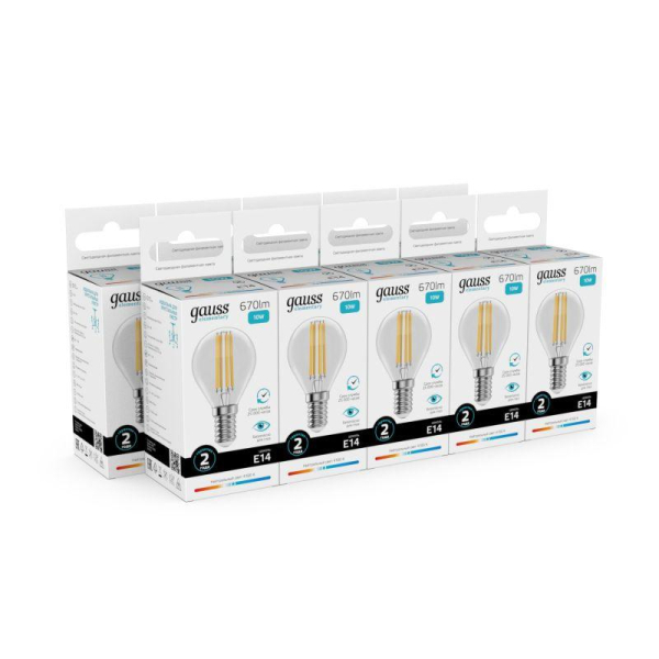 Лампа светодиодная филаментная Filament Elementary 10Вт шар 4100К Е14 670лм GAUSS 52120