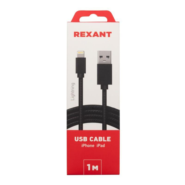 Кабель USB-A – Lightning для Apple, 2,4A 1м, в черной нейлоновой оплетке REXANT