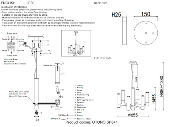 Подвесная люстра Crystal Lux OTONO SP6+1 BRASS/TRANSPARENTE