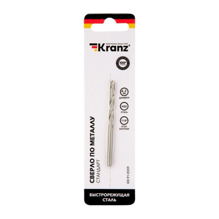 Сверло по металлу 4,2х75х43мм (HSS), DIN 338, 1 шт. в упаковке KRANZ