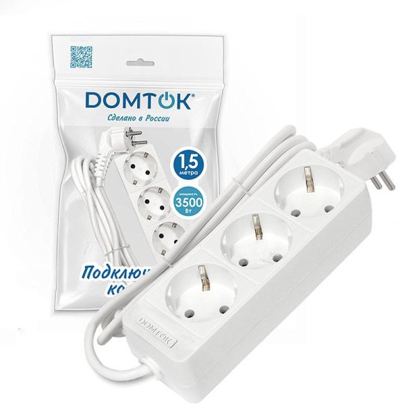 Удлинитель 3х1.5м с заземл. 16А IP20 3.5кВт ПВС 3х1 бел. DOMTOK 2389