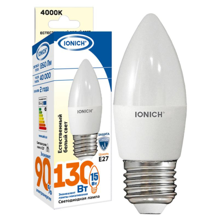 Лампа светодиодная C37 15Вт свеча 4000К E27 230В IONICH 1904