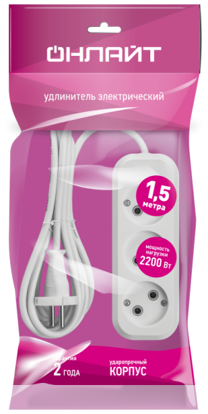 Удлинитель 3х1.5м без заземл. 10А IP20 90506 OPE-S-03-150-X-2х1 ОНЛАЙТ 90506