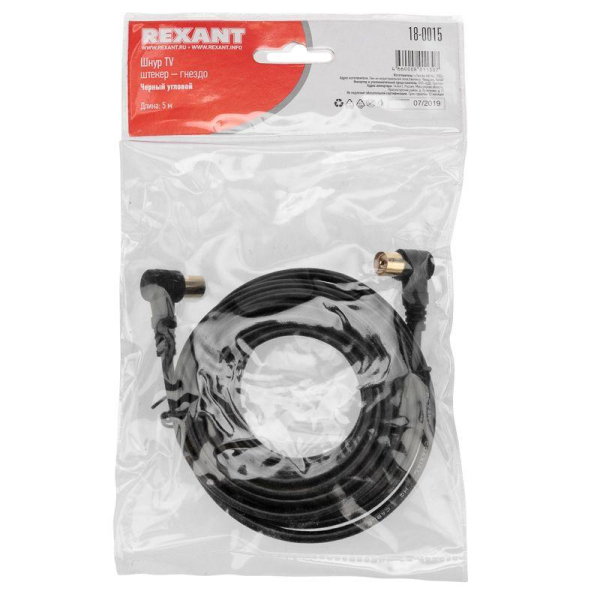 Шнур TV Plug - TV Jack 5м угловой черн. Rexant 18-0015