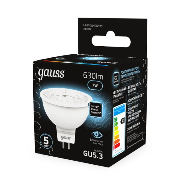 Лампа светодиодная Black 7Вт MR16 софит 4100К нейтр. бел. GU5.3 630лм GAUSS 101505207
